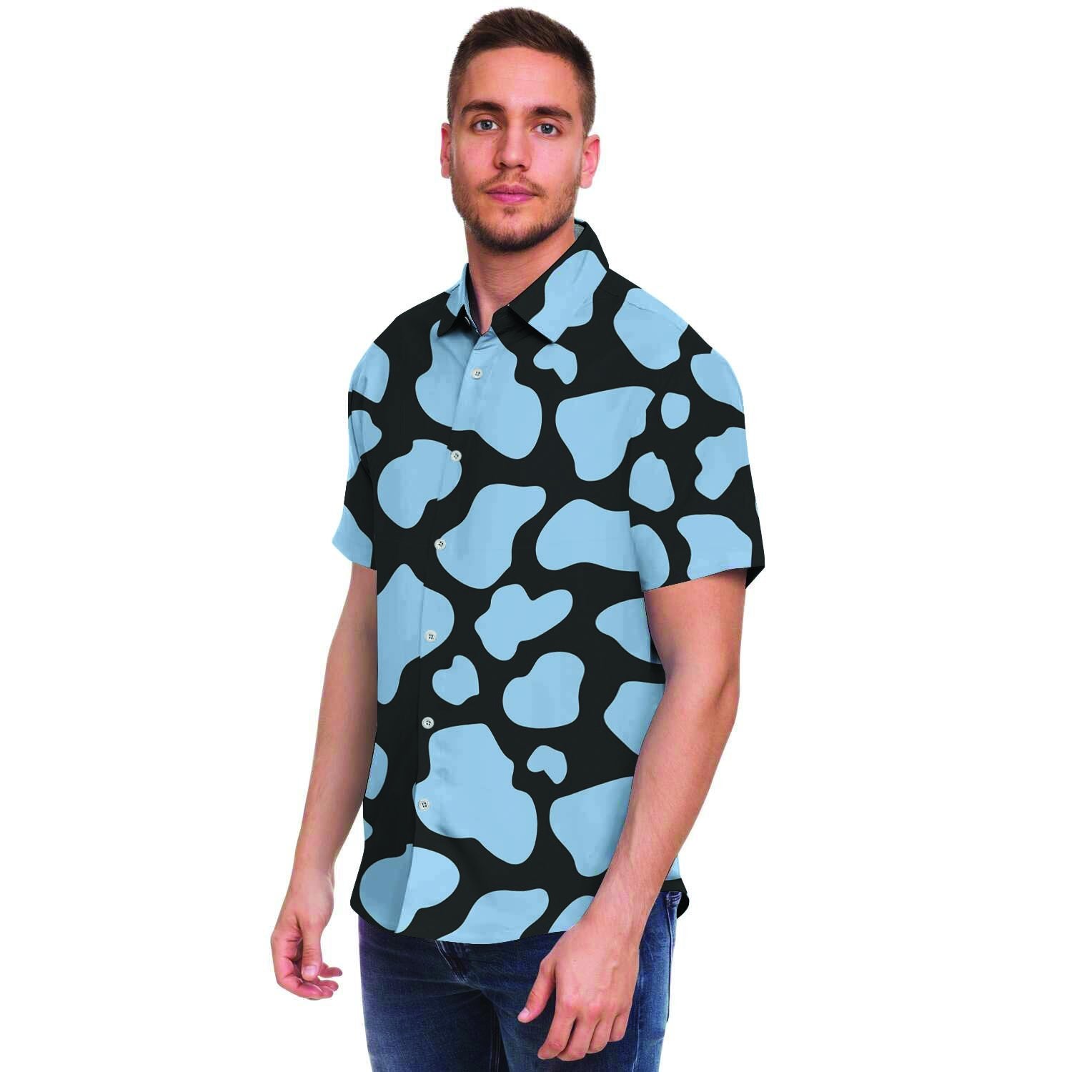 Blue And Black Cow Print Men's Short Sleeve Shirt-grizzshop