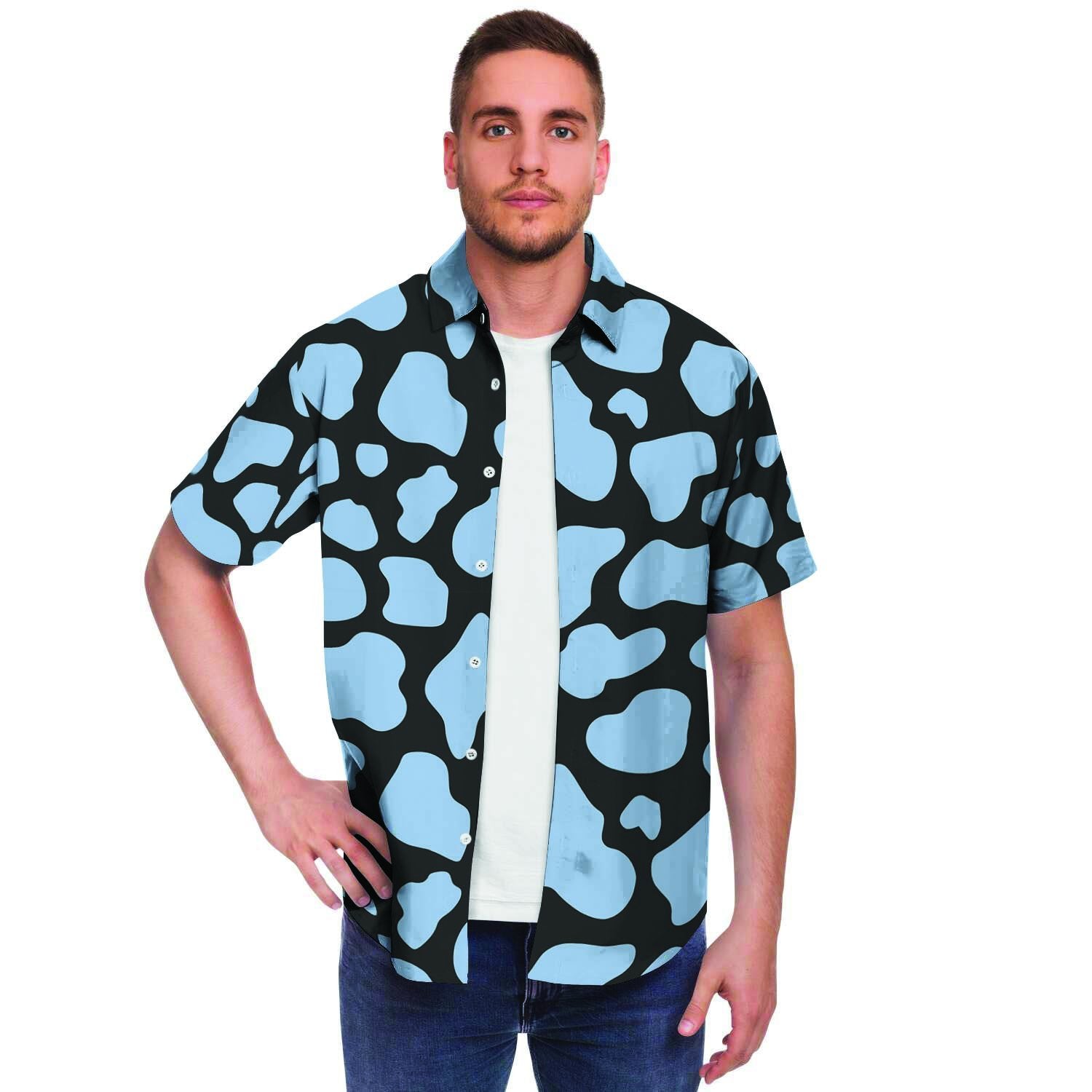 Blue And Black Cow Print Men's Short Sleeve Shirt-grizzshop