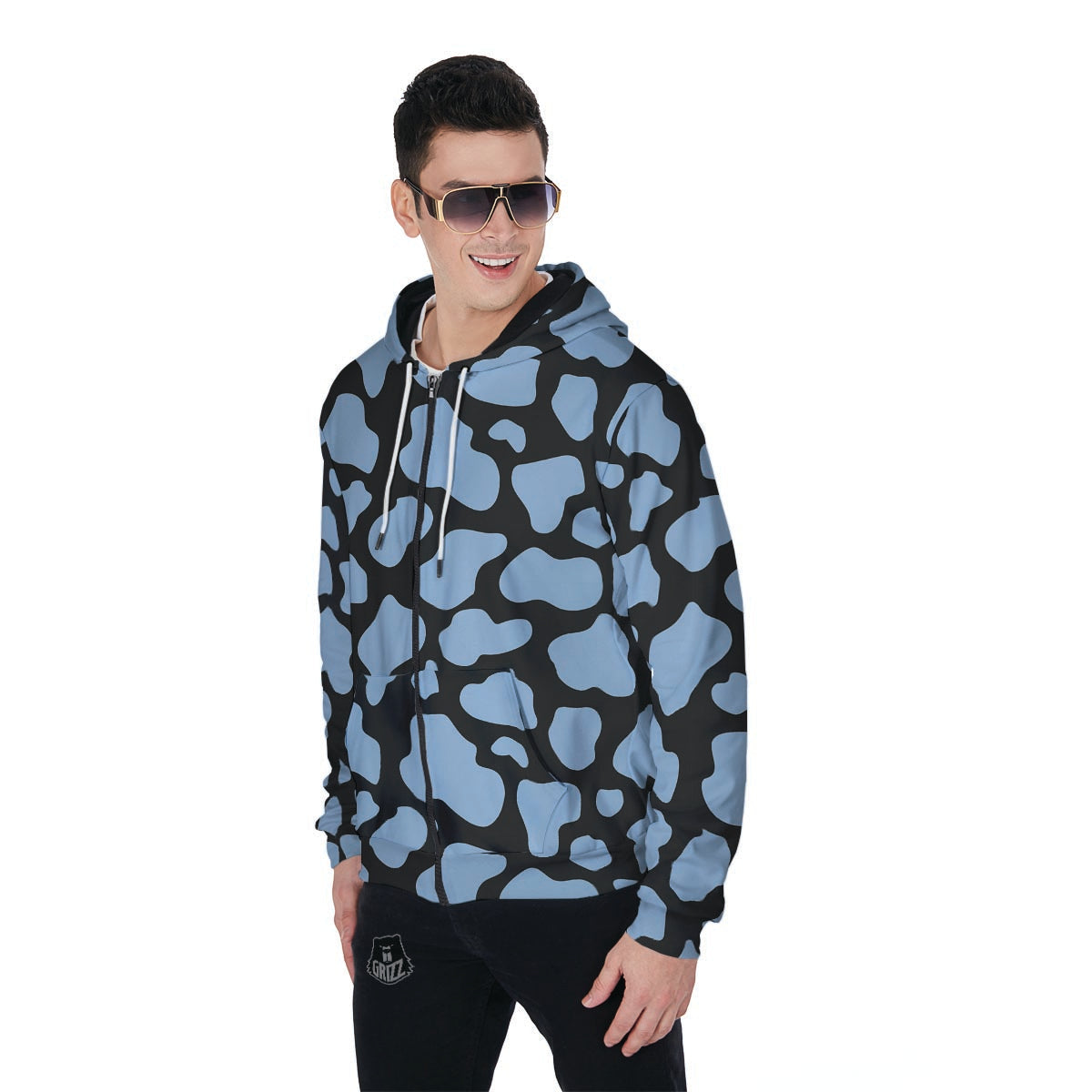 Blue And Black Cow Print Men's Zip Up Hoodie-grizzshop