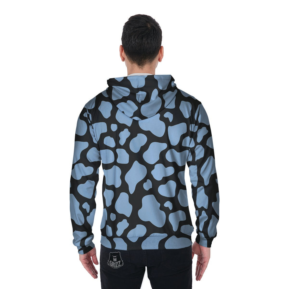 Blue And Black Cow Print Men's Zip Up Hoodie-grizzshop