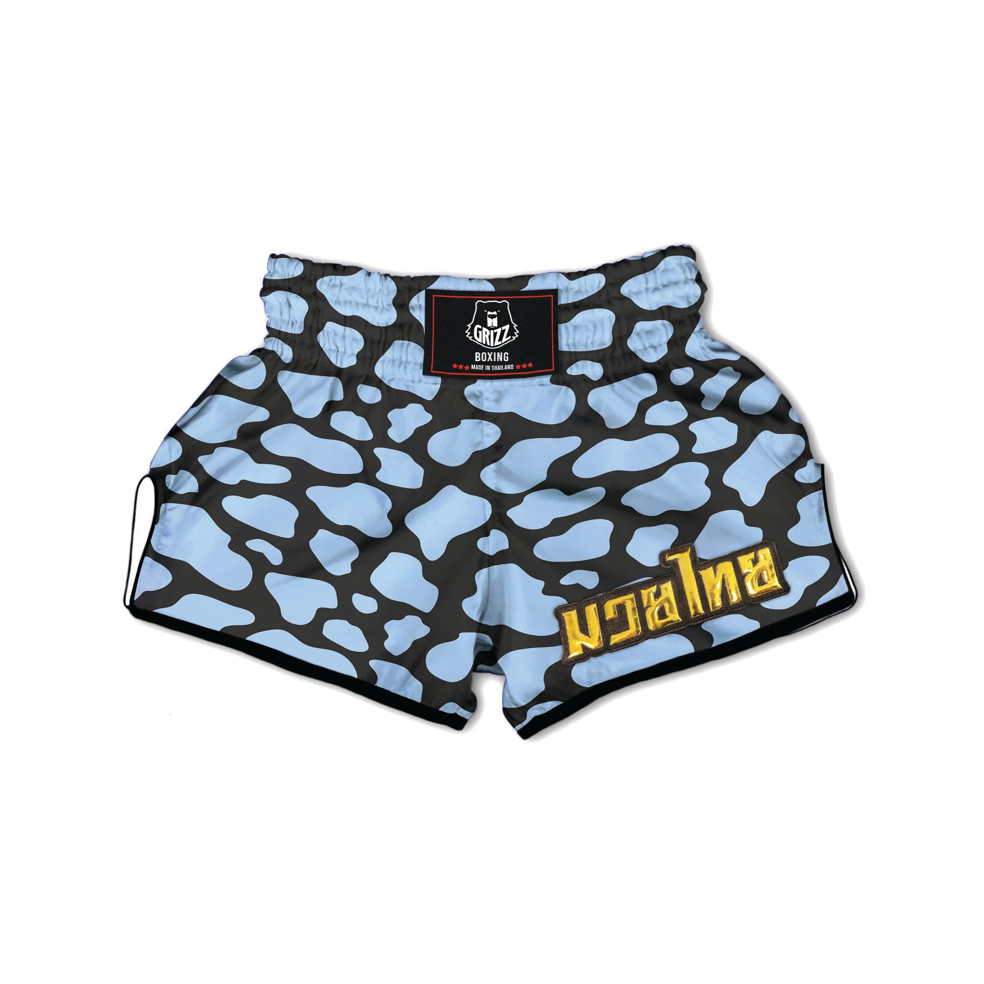 Blue And Black Cow Print Muay Thai Boxing Shorts-grizzshop