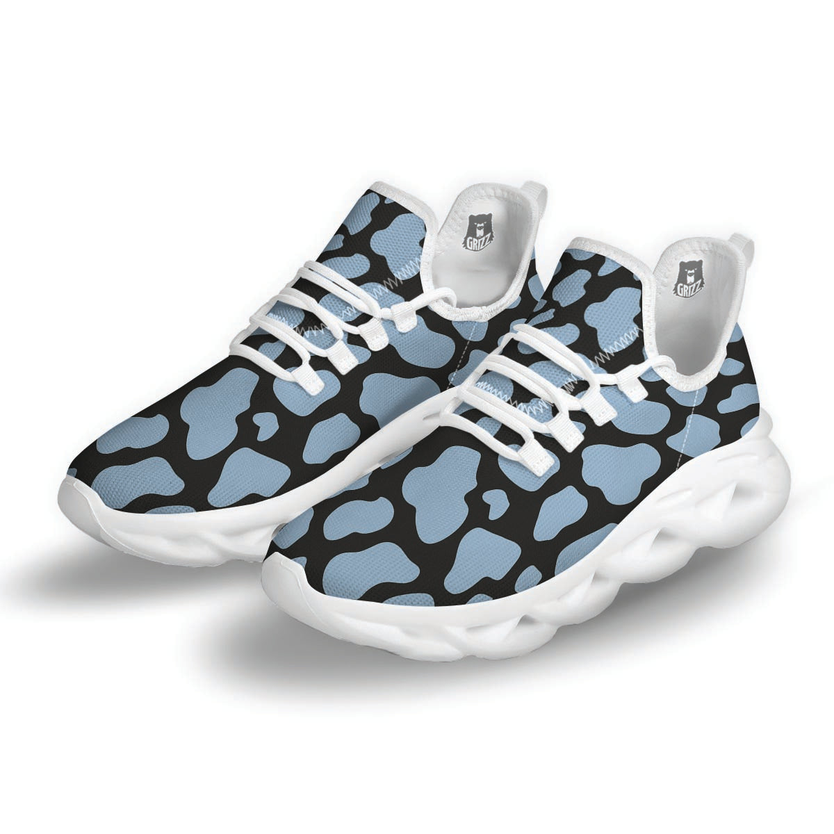Blue And Black Cow Print White Running Shoes-grizzshop