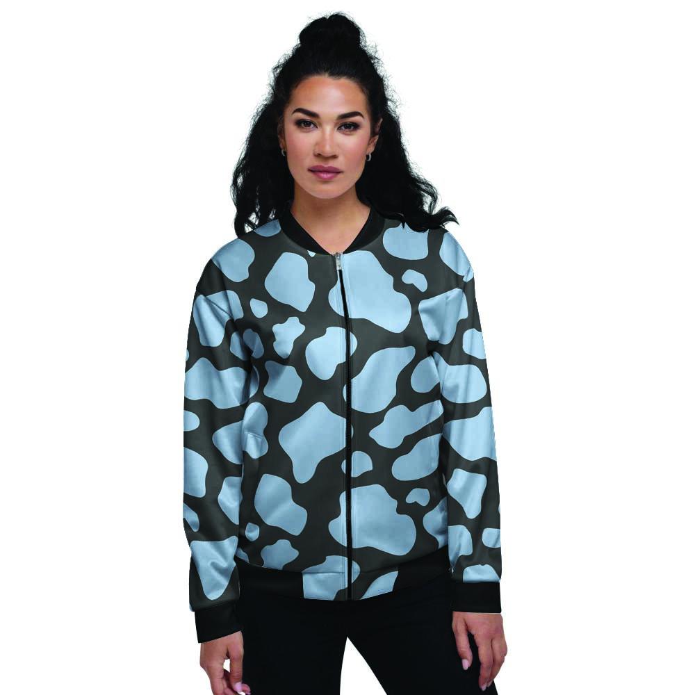 Blue And Black Cow Print Women's Bomber Jacket-grizzshop