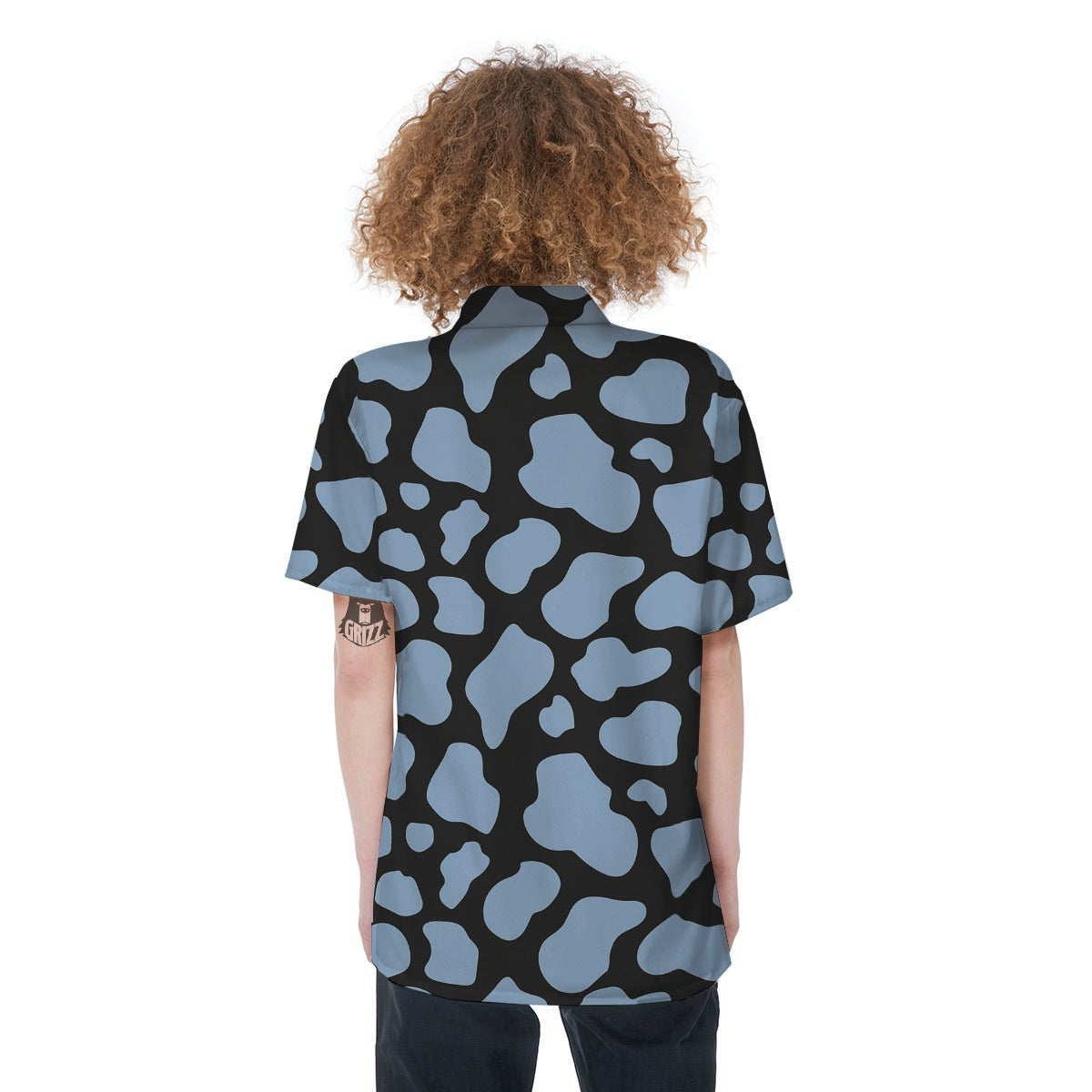 Blue And Black Cow Print Women's Short Sleeve Shirts-grizzshop