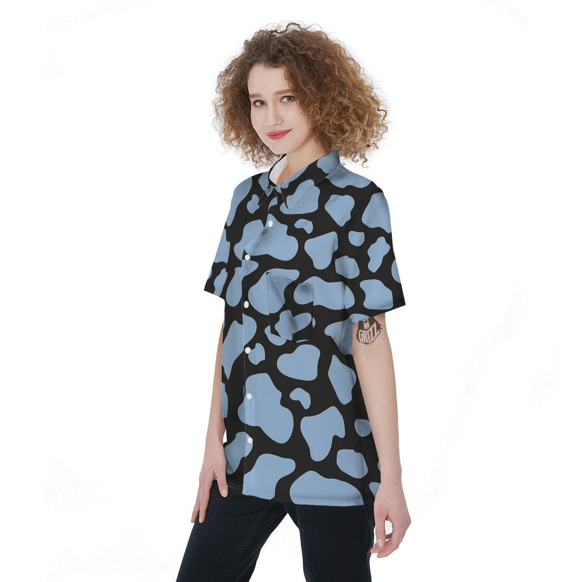 Blue And Black Cow Print Women's Short Sleeve Shirts-grizzshop