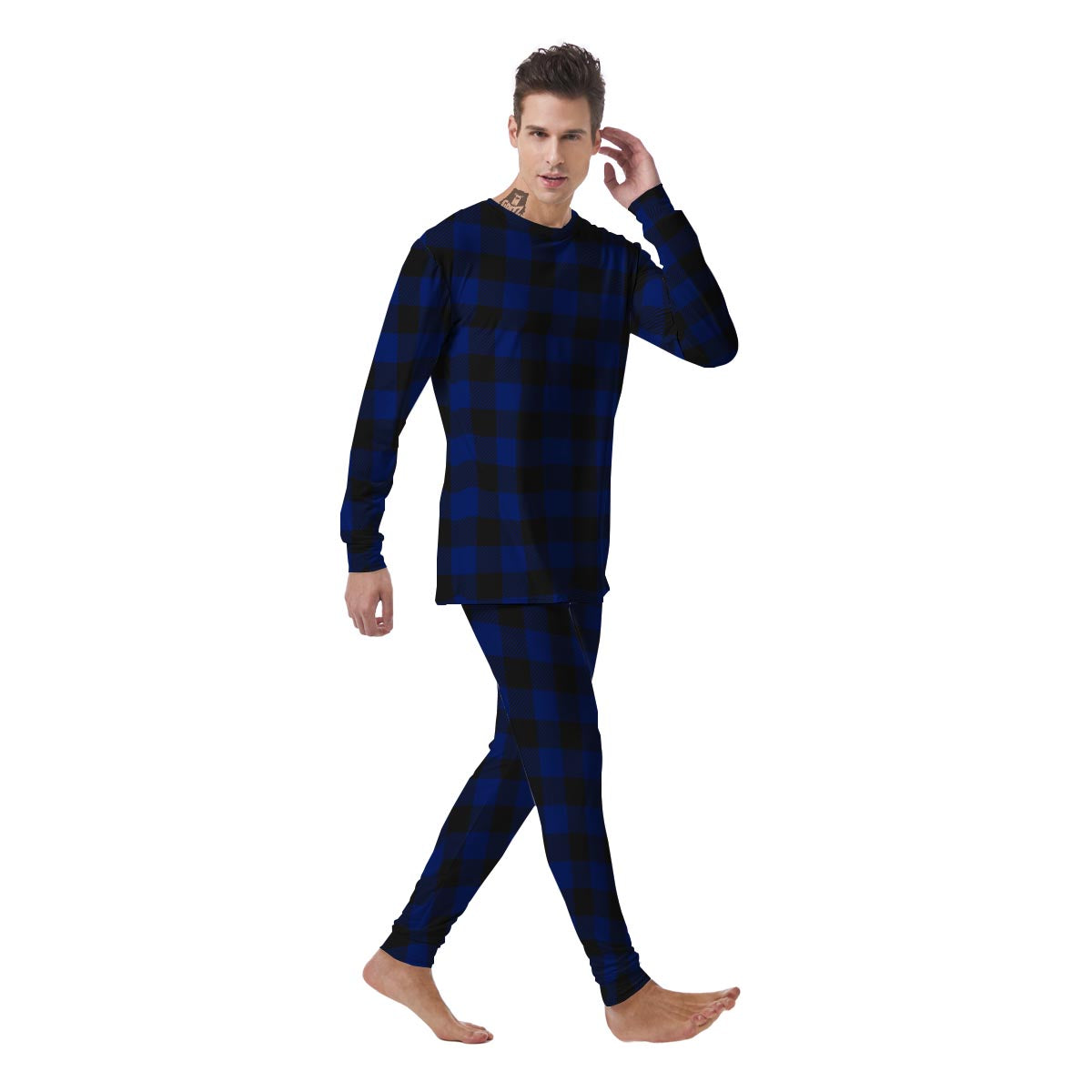 Blue And Black Steel Buffalo Check Print Pattern Men's Pajamas-grizzshop