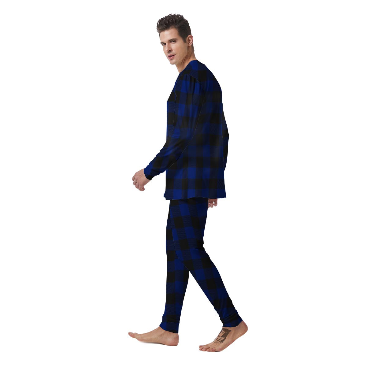 Blue And Black Steel Buffalo Check Print Pattern Men's Pajamas-grizzshop