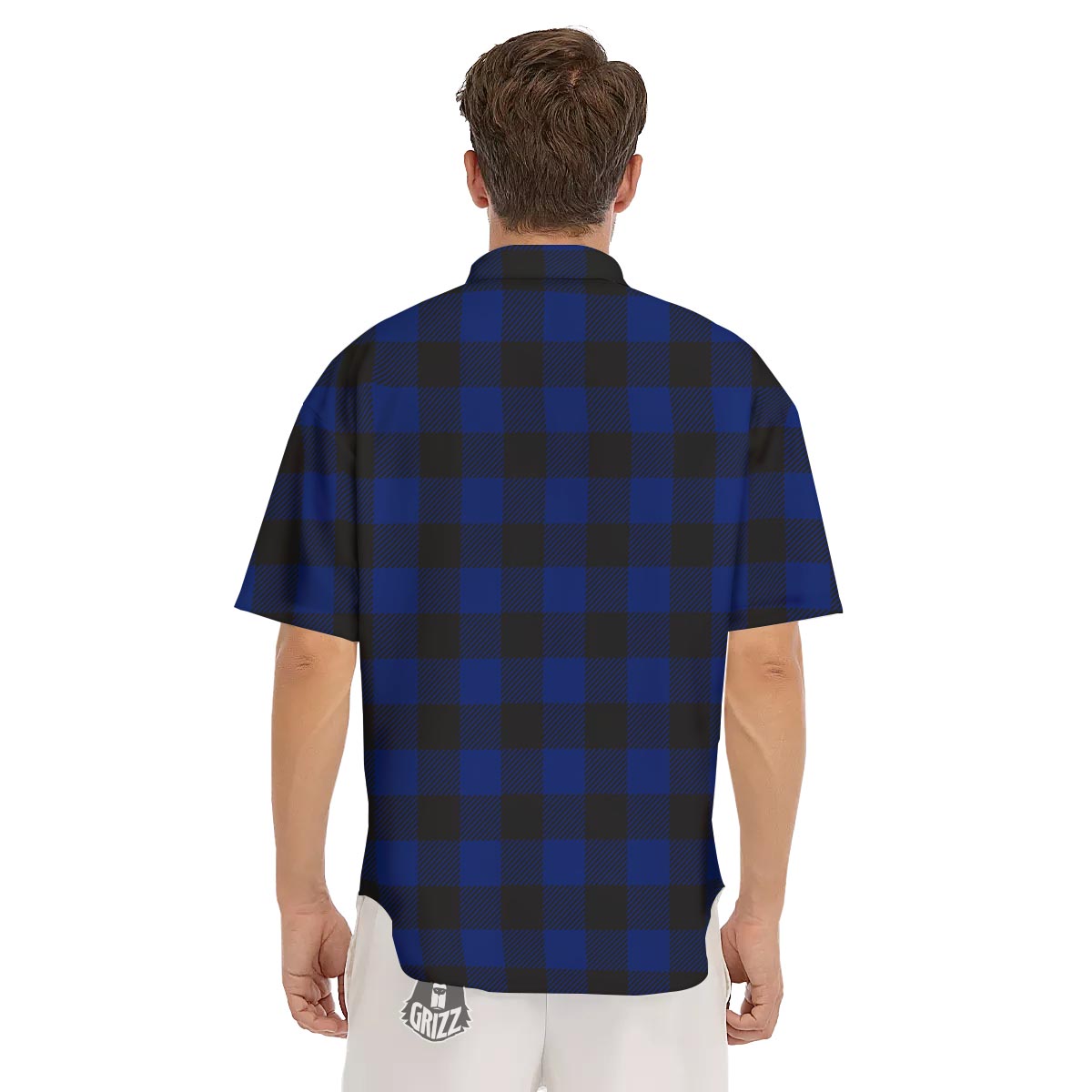 Blue And Black Steel Buffalo Check Print Pattern Men's Short Sleeve Shirts-grizzshop