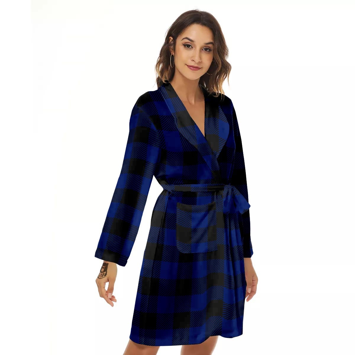 Blue And Black Steel Buffalo Check Print Pattern Women's Robe-grizzshop