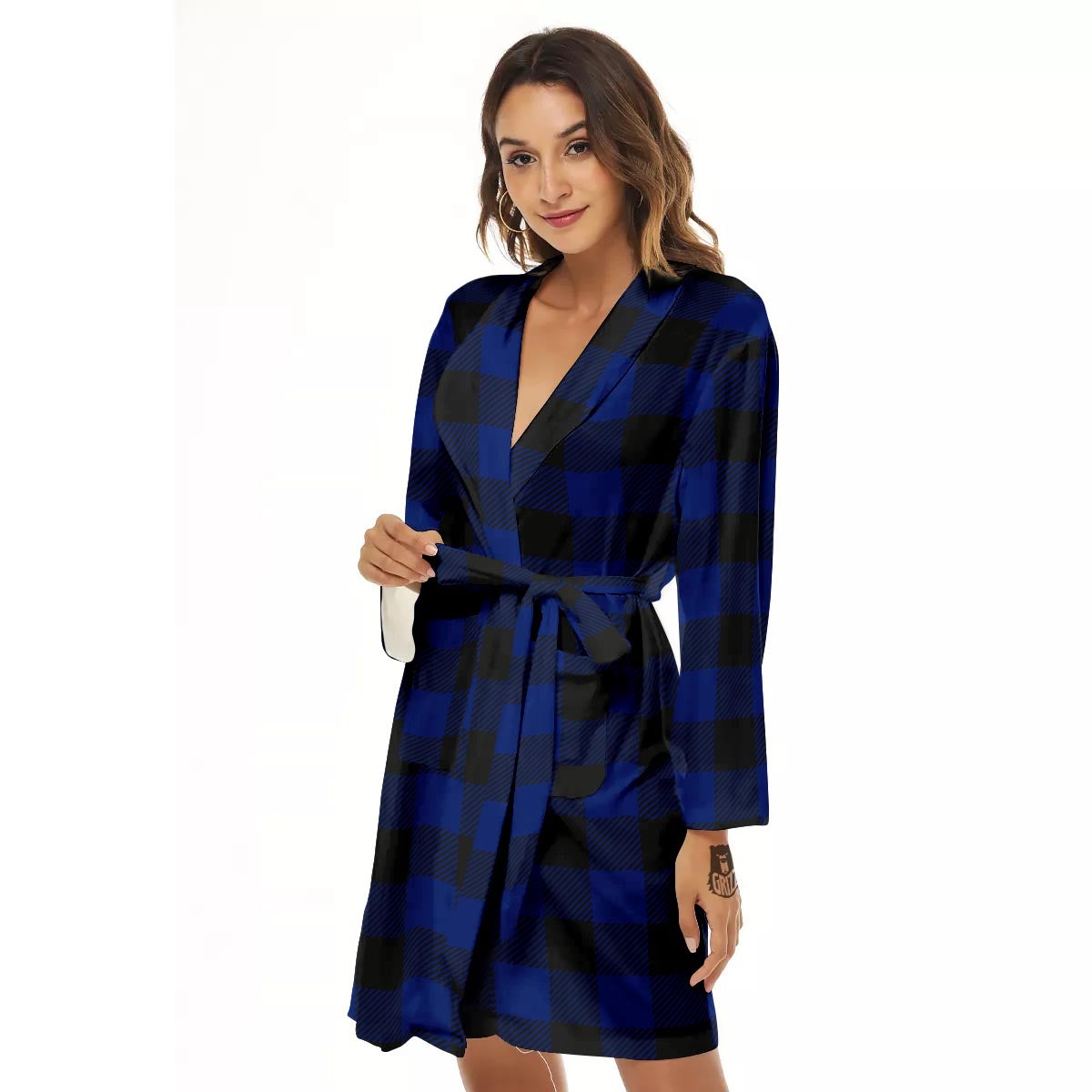 Blue And Black Steel Buffalo Check Print Pattern Women's Robe-grizzshop