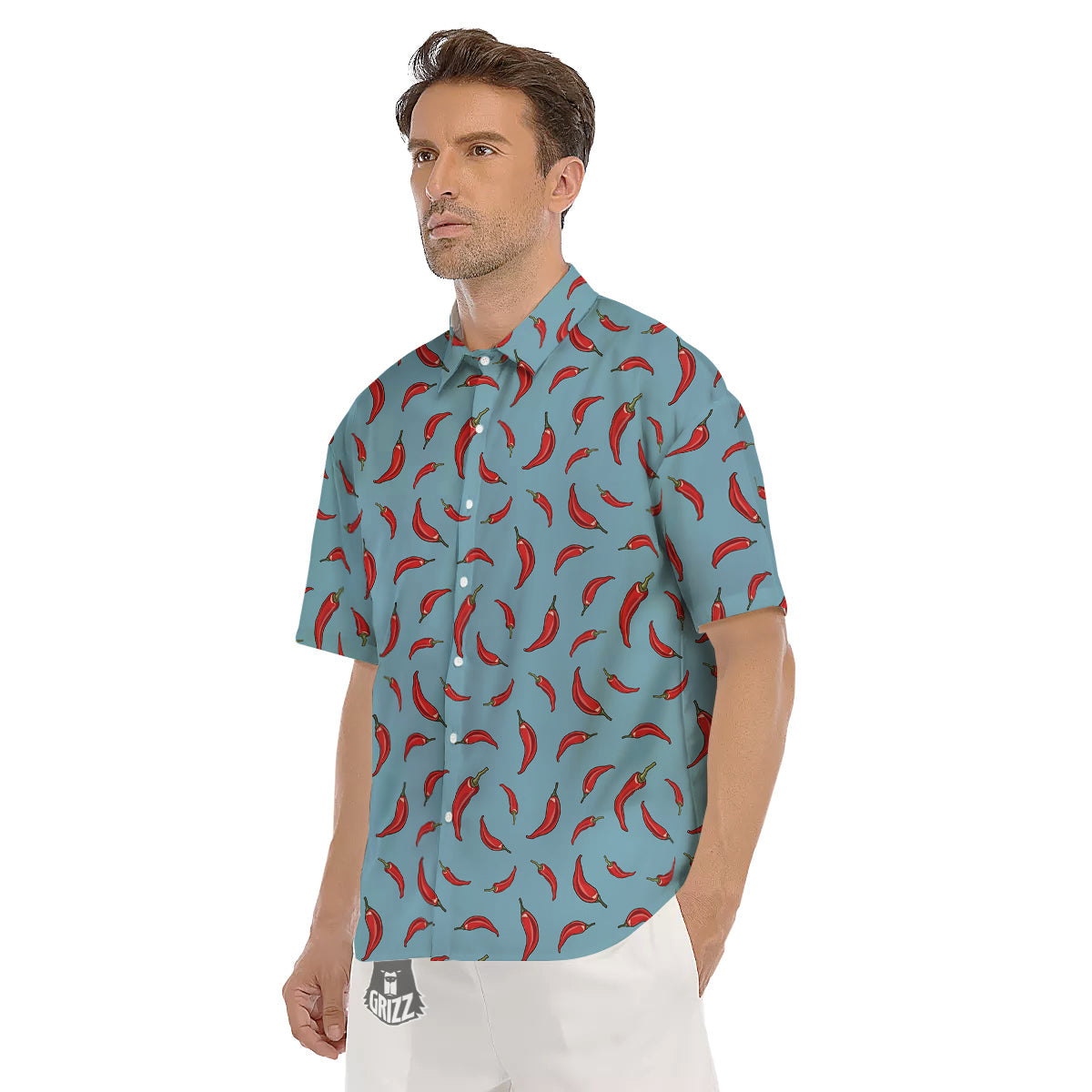 Blue And Chili Pepper Print Pattern Men's Short Sleeve Shirts-grizzshop