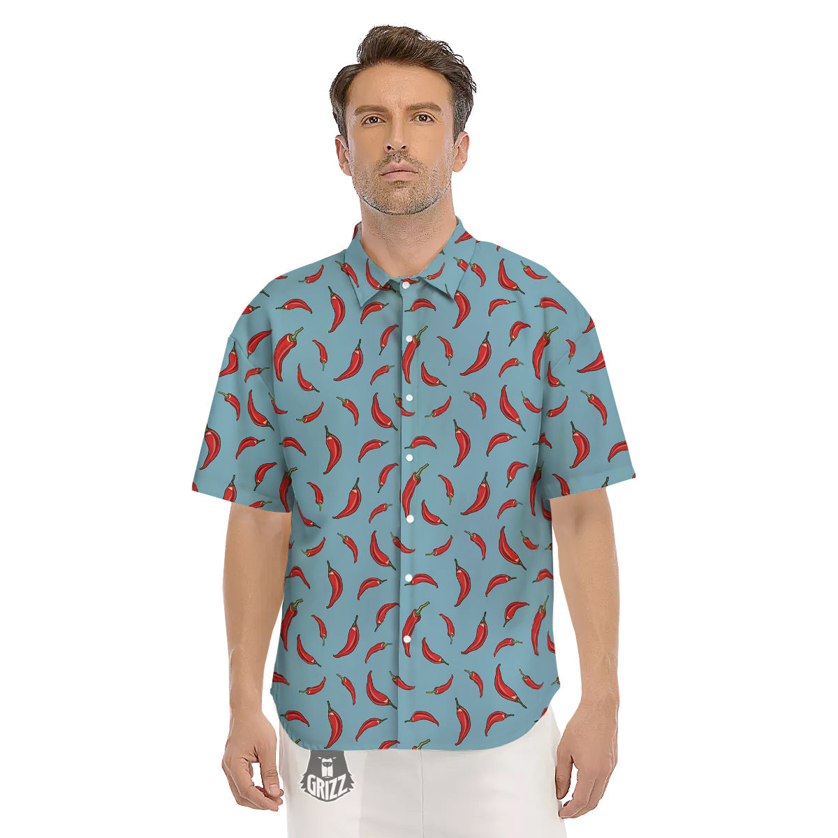 Blue And Chili Pepper Print Pattern Men's Short Sleeve Shirts-grizzshop