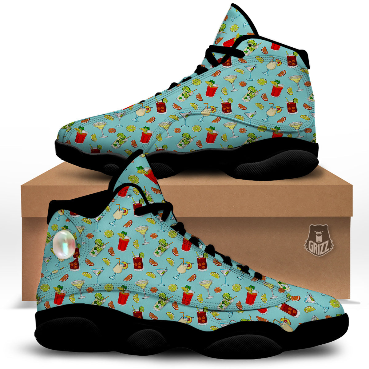 Blue And Cocktail Print Pattern Black Basketball Shoes-grizzshop