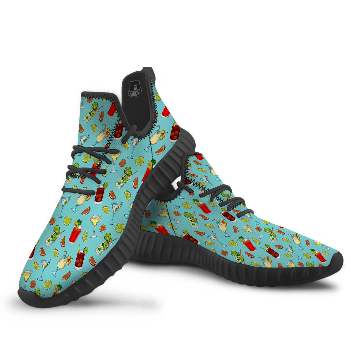Blue And Cocktail Print Pattern Black Walking Shoes-grizzshop