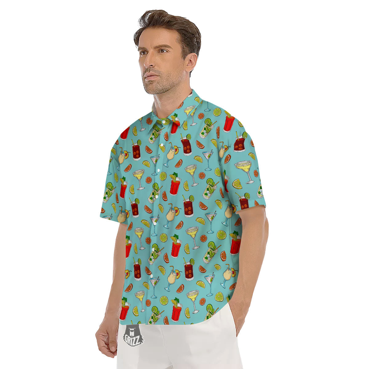 Blue And Cocktail Print Pattern Men's Short Sleeve Shirts-grizzshop