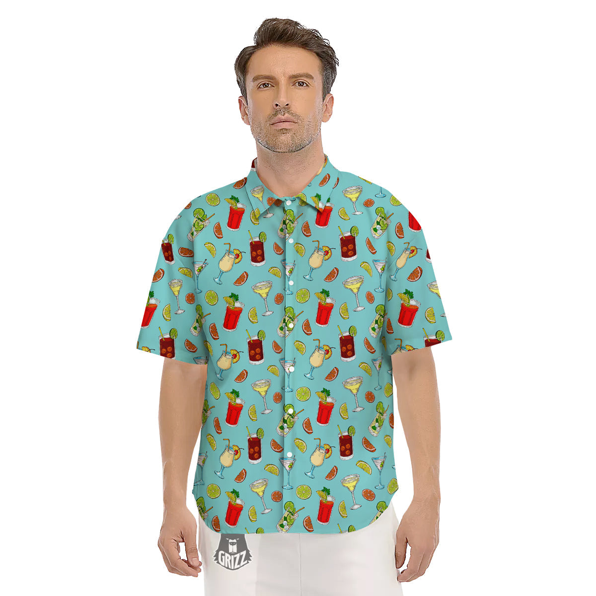 Blue And Cocktail Print Pattern Men's Short Sleeve Shirts-grizzshop