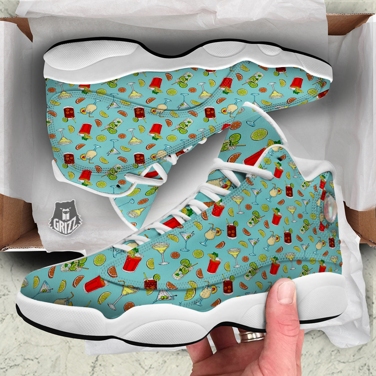 Blue And Cocktail Print Pattern White Basketball Shoes-grizzshop