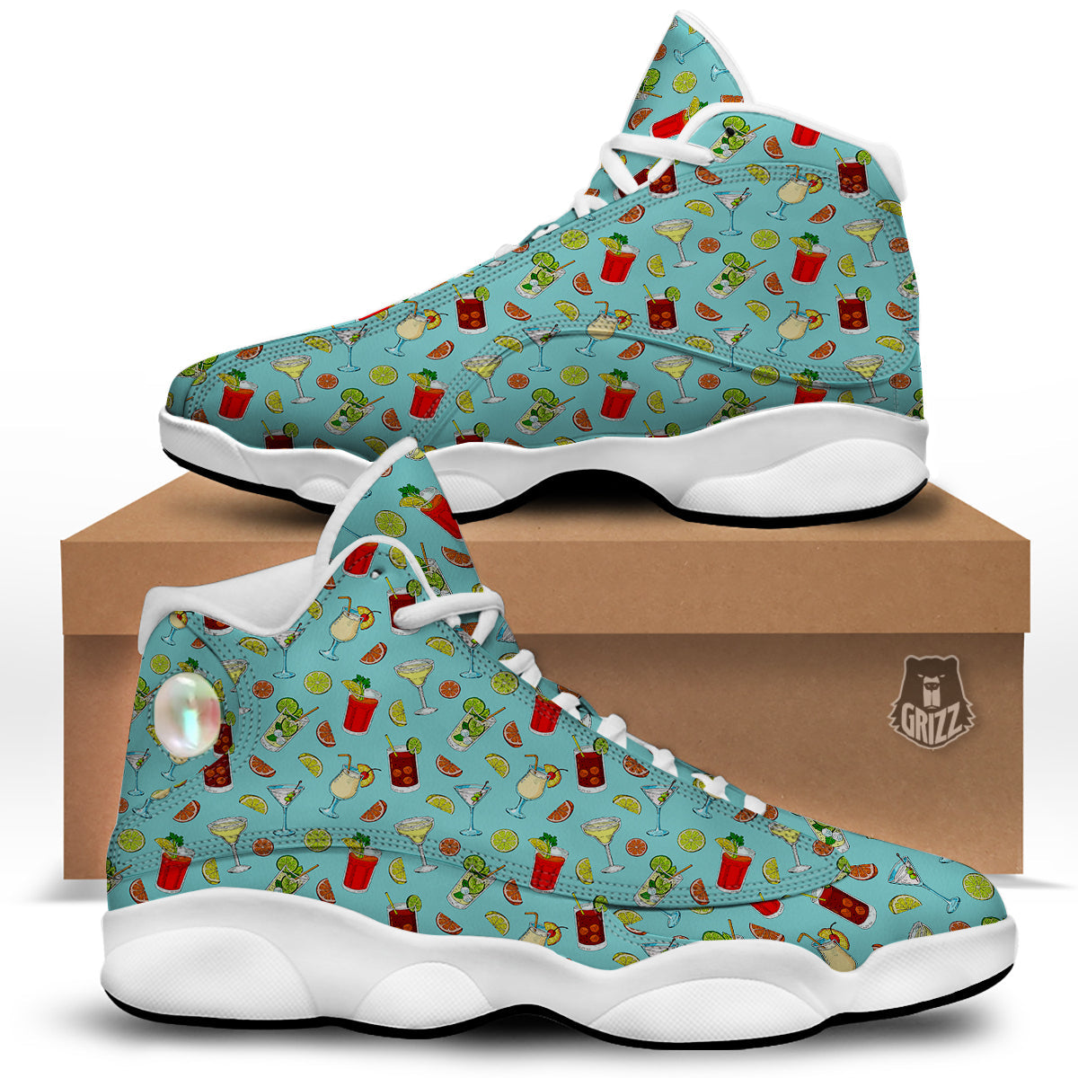 Blue And Cocktail Print Pattern White Basketball Shoes-grizzshop