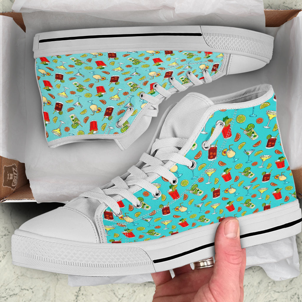Blue And Cocktail Print Pattern White High Top Shoes-grizzshop