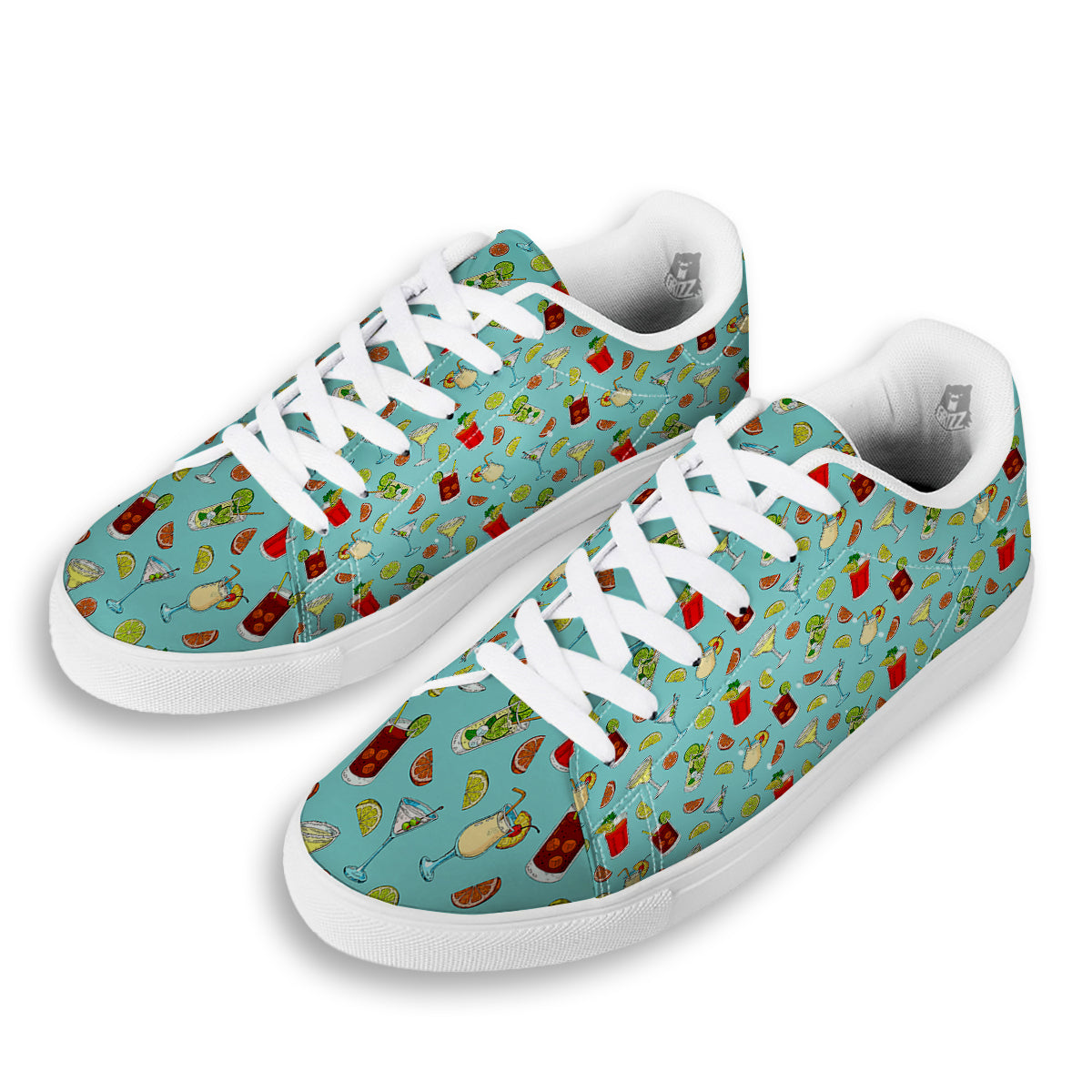 Blue And Cocktail Print Pattern White Low Top Sneakers-grizzshop