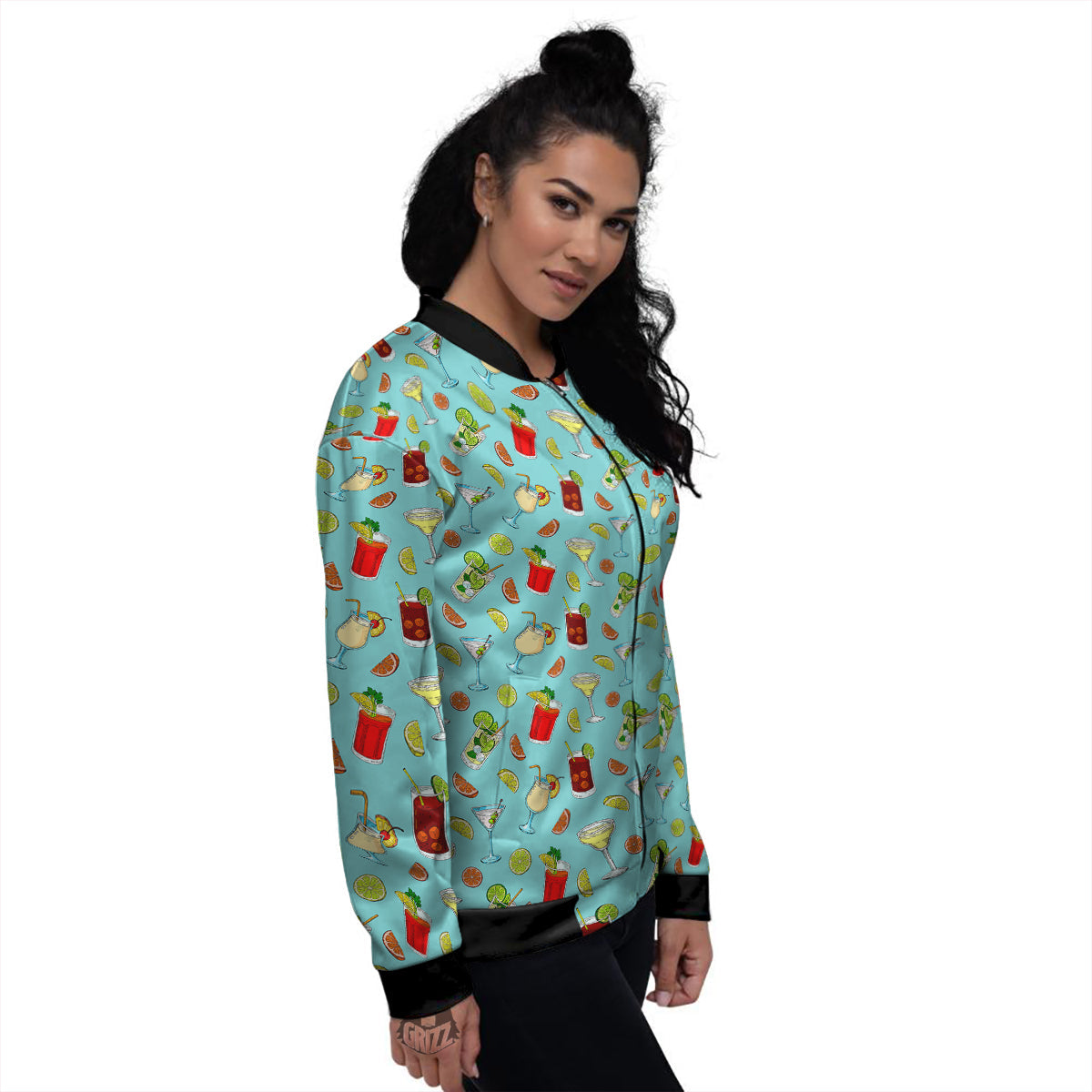 Blue And Cocktail Print Pattern Women's Bomber Jacket-grizzshop