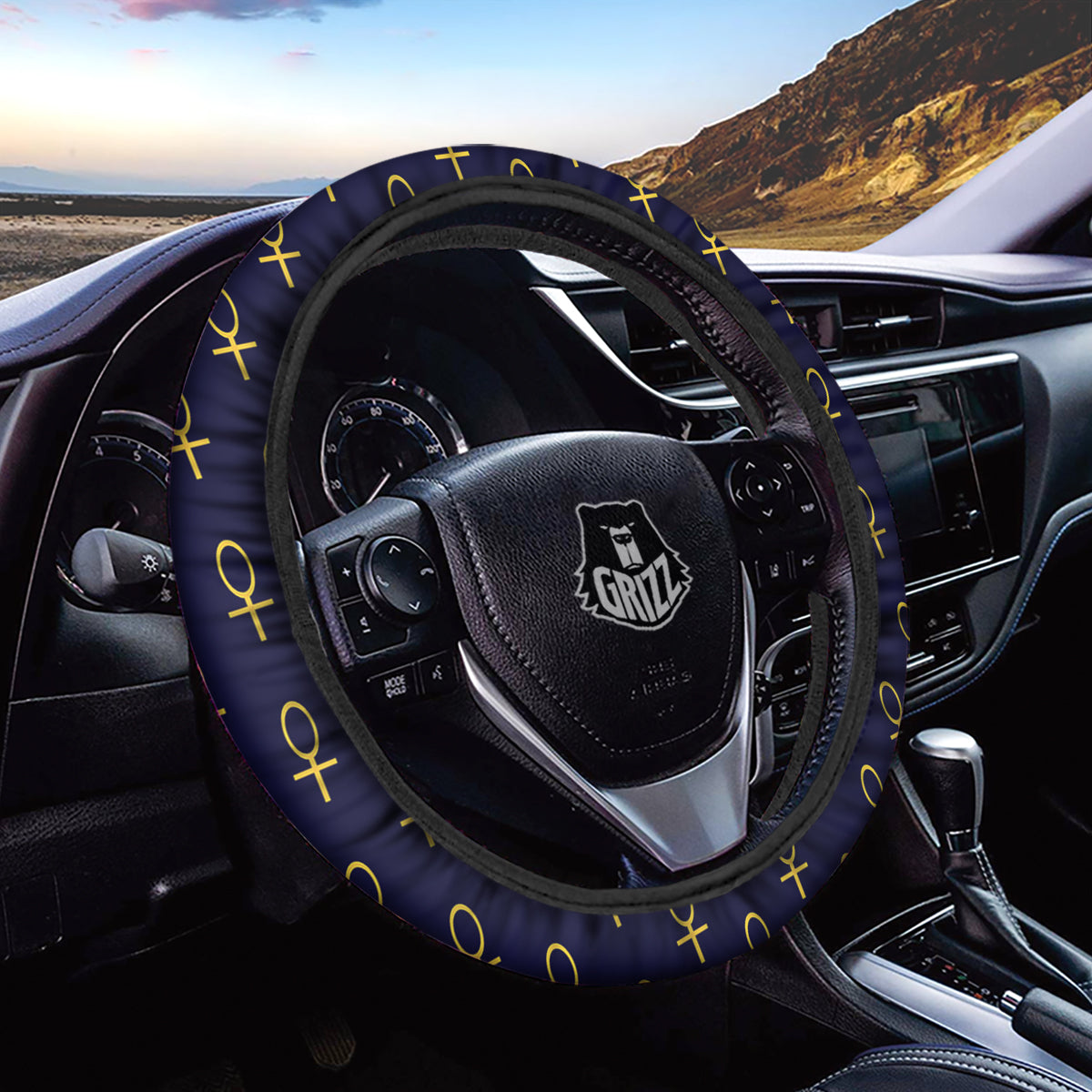 Blue And Gold Ankh Print Pattern Car Steering Wheel Cover-grizzshop