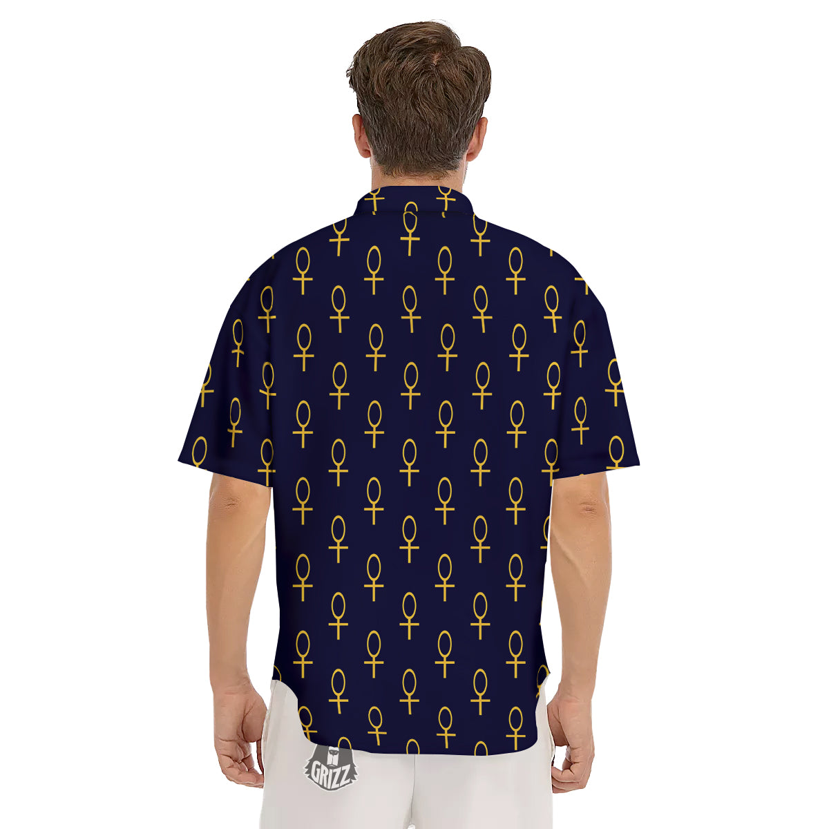 Blue And Gold Ankh Print Pattern Men's Short Sleeve Shirts-grizzshop