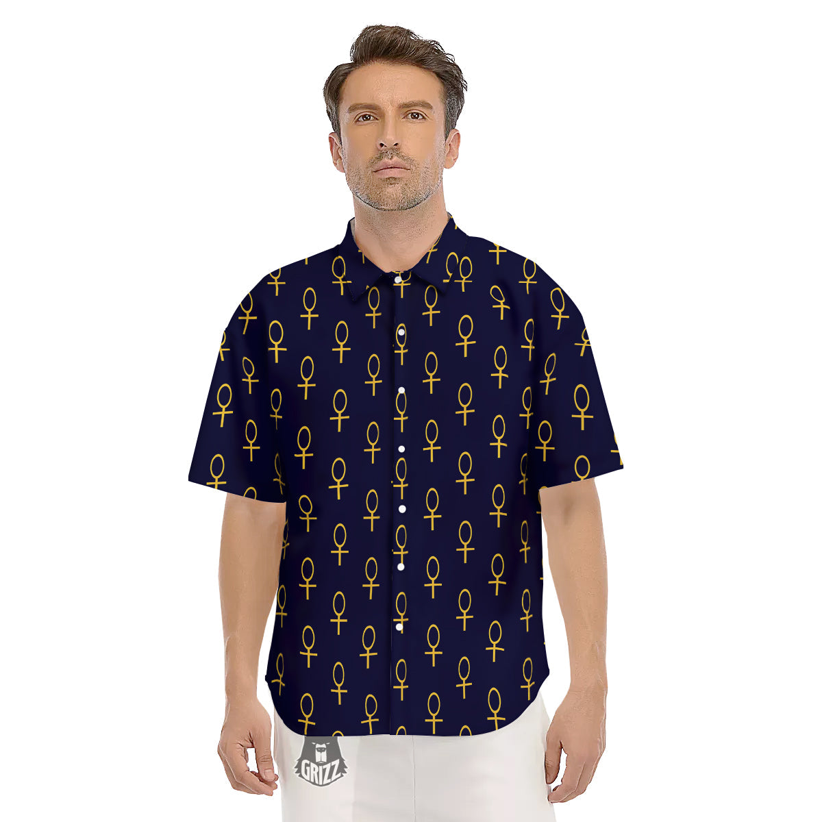 Blue And Gold Ankh Print Pattern Men's Short Sleeve Shirts-grizzshop