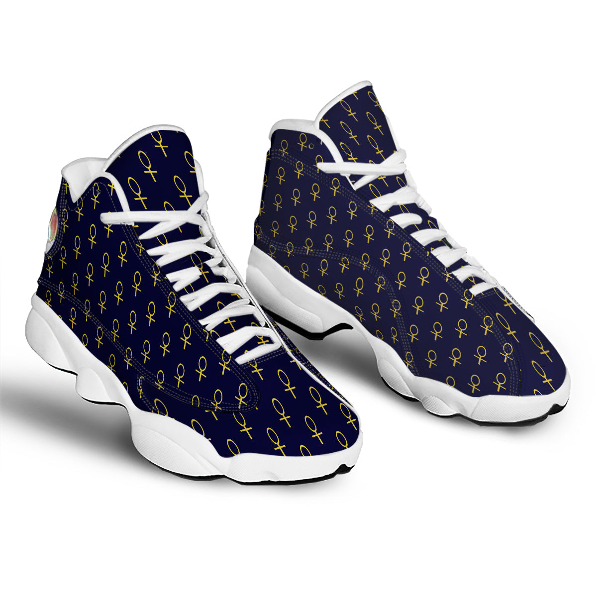 Blue And Gold Ankh Print Pattern White Basketball Shoes-grizzshop