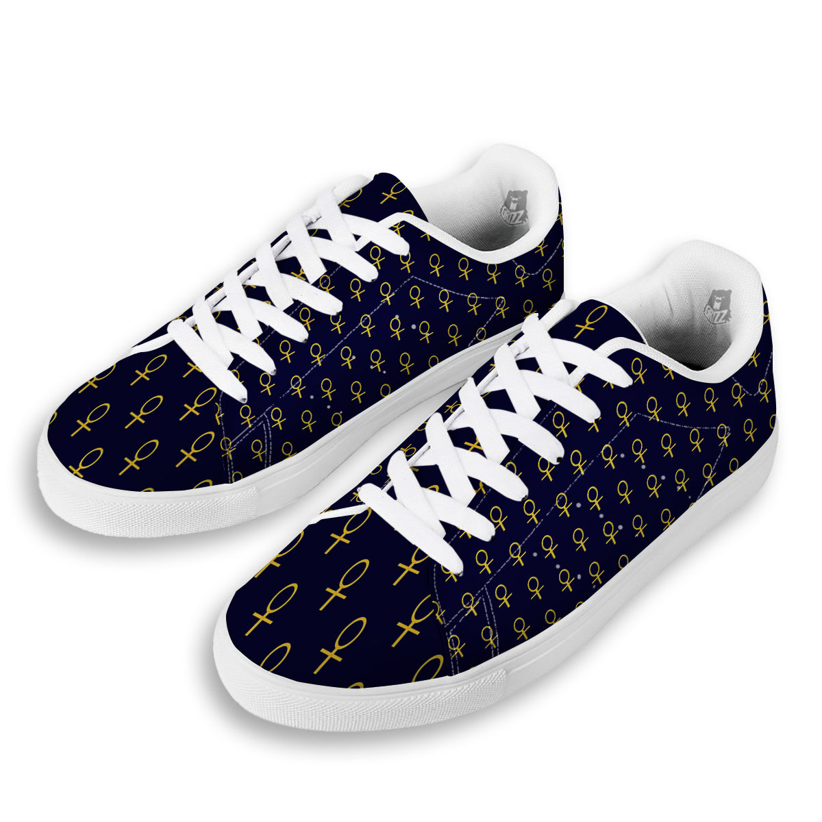 Blue And Gold Ankh Print Pattern White Low Top Sneakers-grizzshop