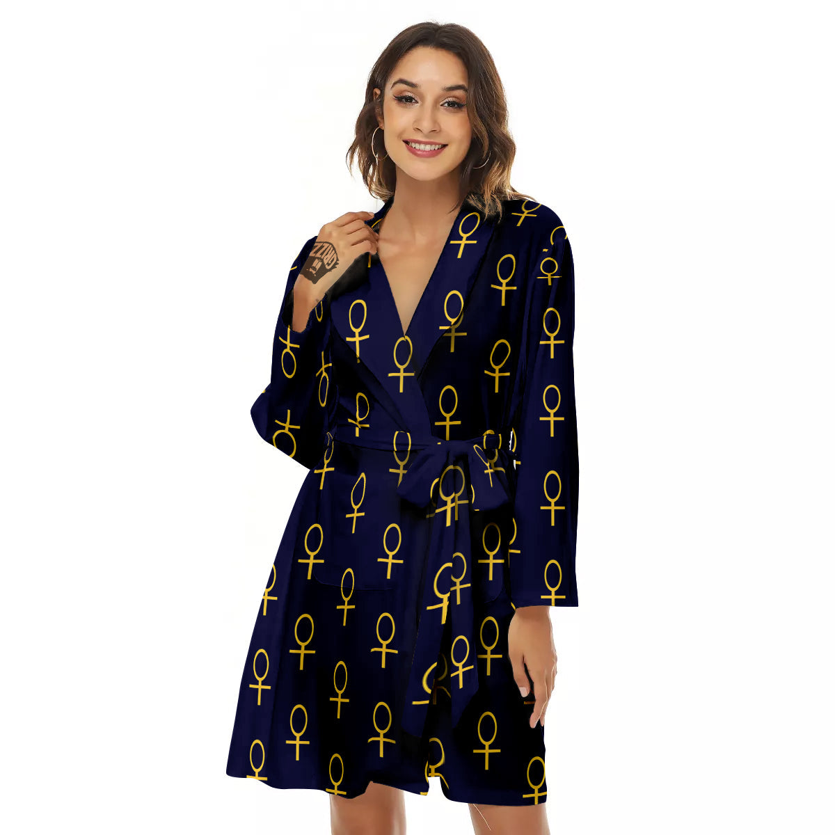 Blue And Gold Ankh Print Pattern Women's Robe-grizzshop