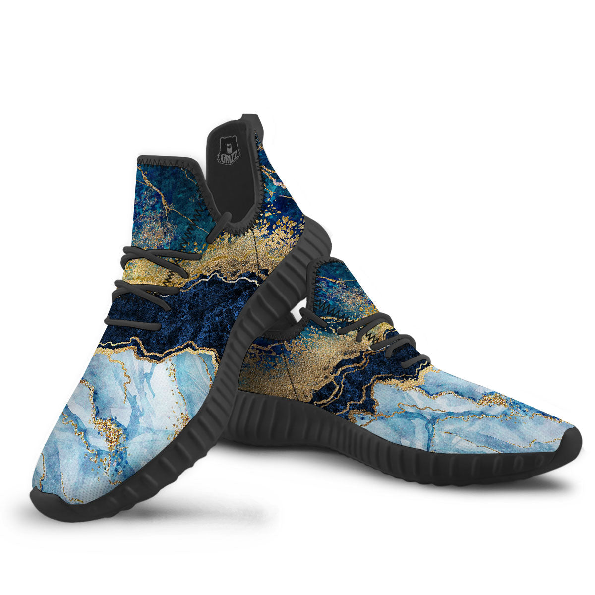 Blue And Gold Marble Print Black Walking Shoes-grizzshop