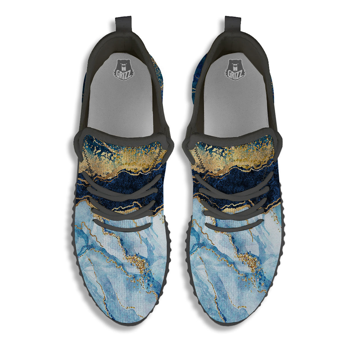 Blue And Gold Marble Print Black Walking Shoes-grizzshop