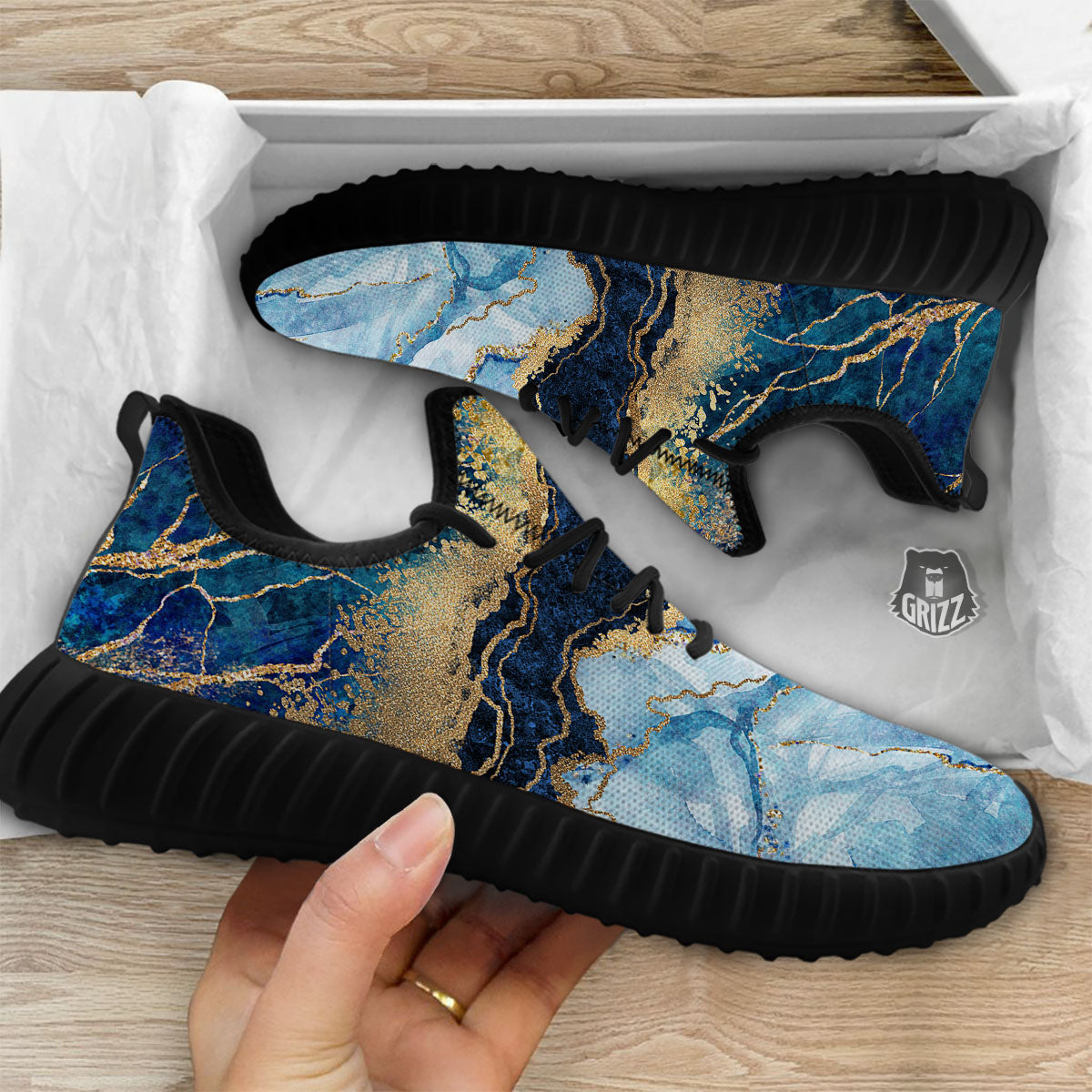 Blue And Gold Marble Print Black Walking Shoes-grizzshop