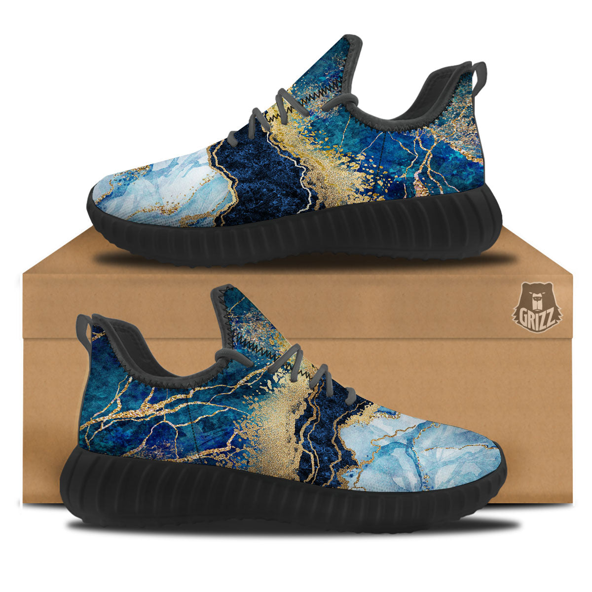Blue And Gold Marble Print Black Walking Shoes-grizzshop