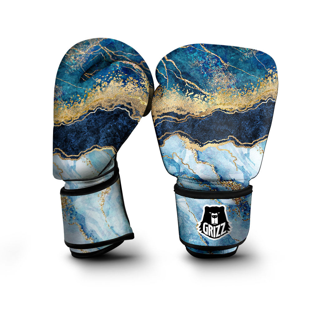 Blue And Gold Marble Print Boxing Gloves-grizzshop