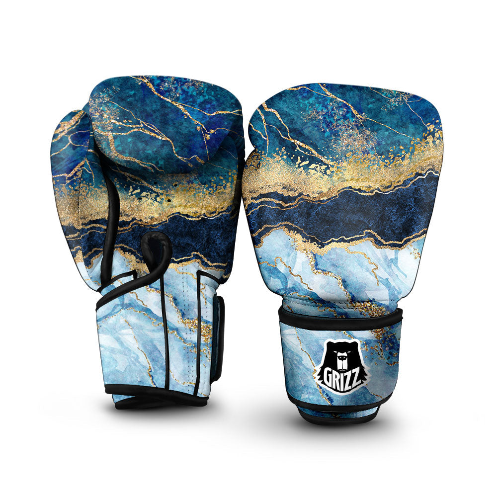 Blue And Gold Marble Print Boxing Gloves-grizzshop