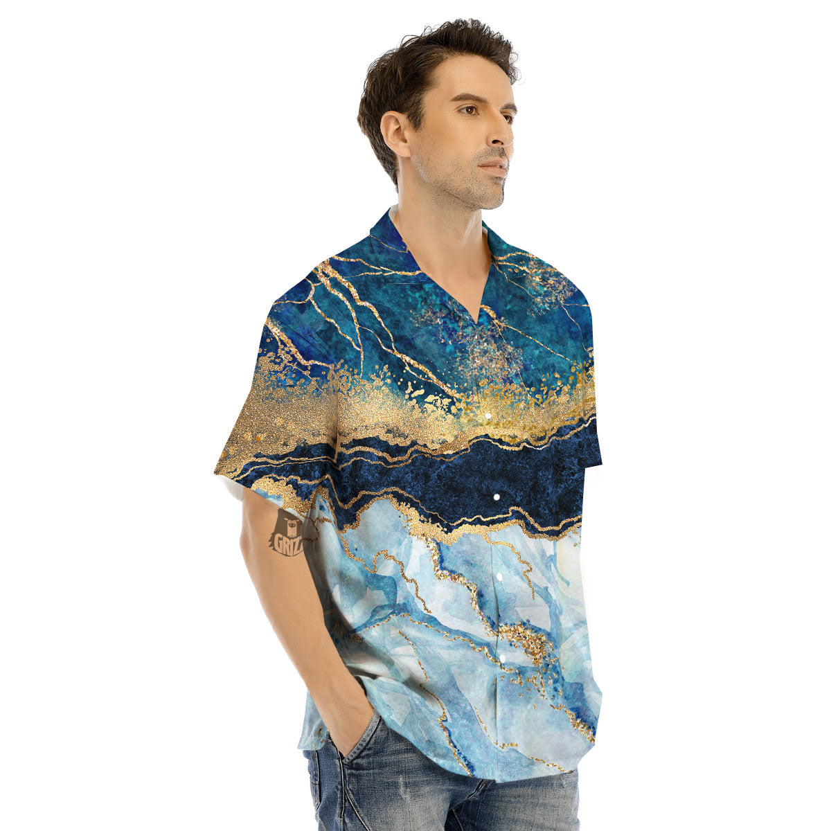 Blue And Gold Marble Print Men's Hawaiian Shirt-grizzshop
