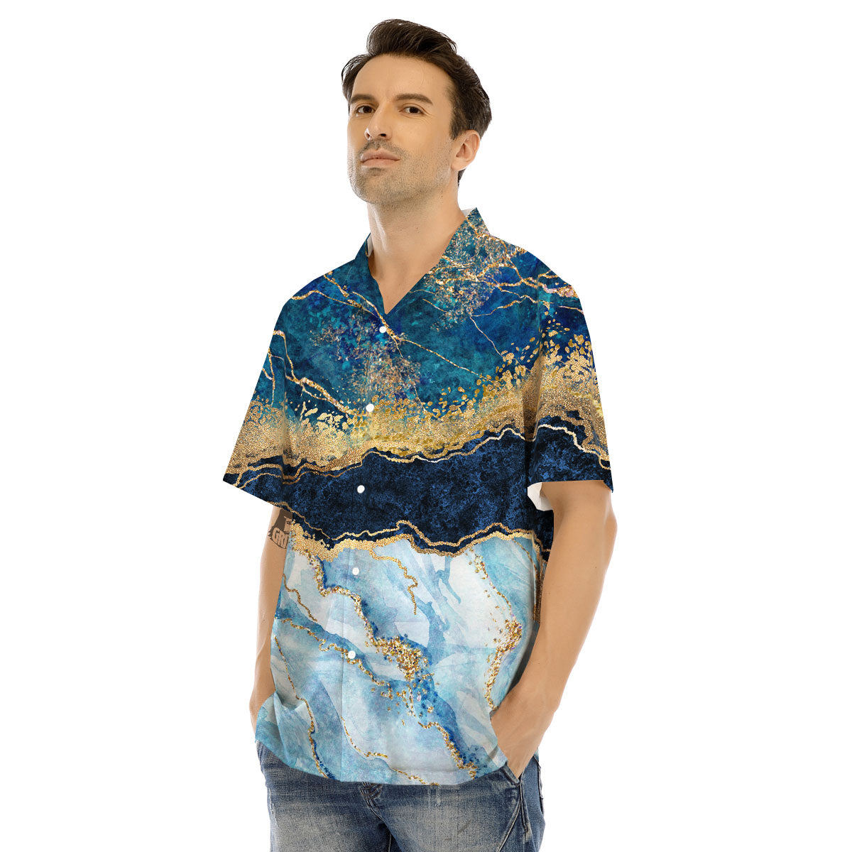 Blue And Gold Marble Print Men's Hawaiian Shirt-grizzshop