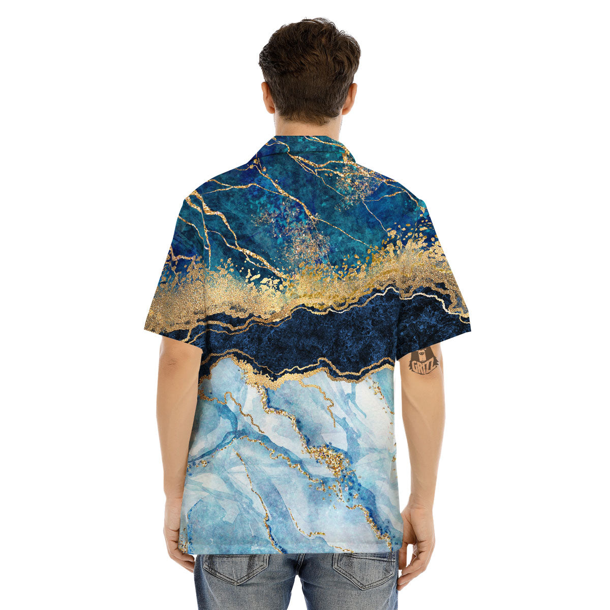 Blue And Gold Marble Print Men's Hawaiian Shirt-grizzshop