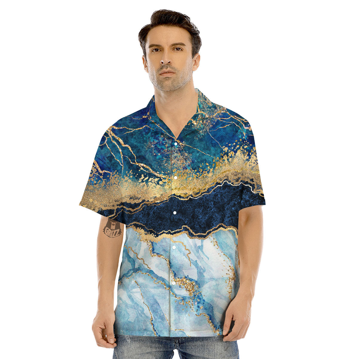 Blue And Gold Marble Print Men's Hawaiian Shirt-grizzshop