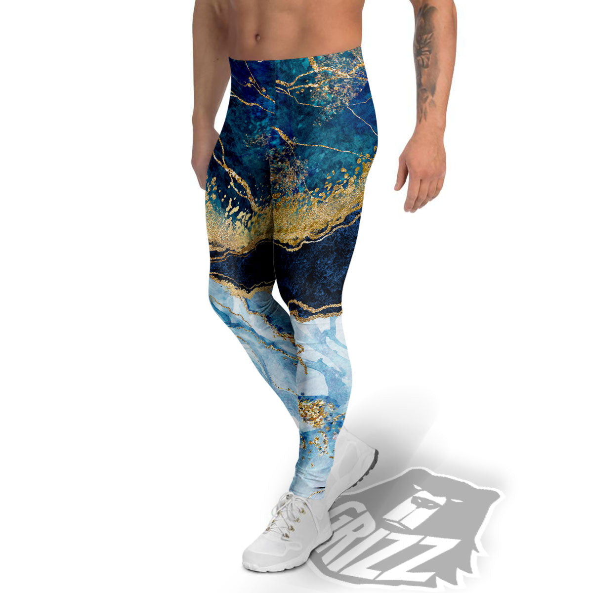 Blue And Gold Marble Print Men's Leggings-grizzshop