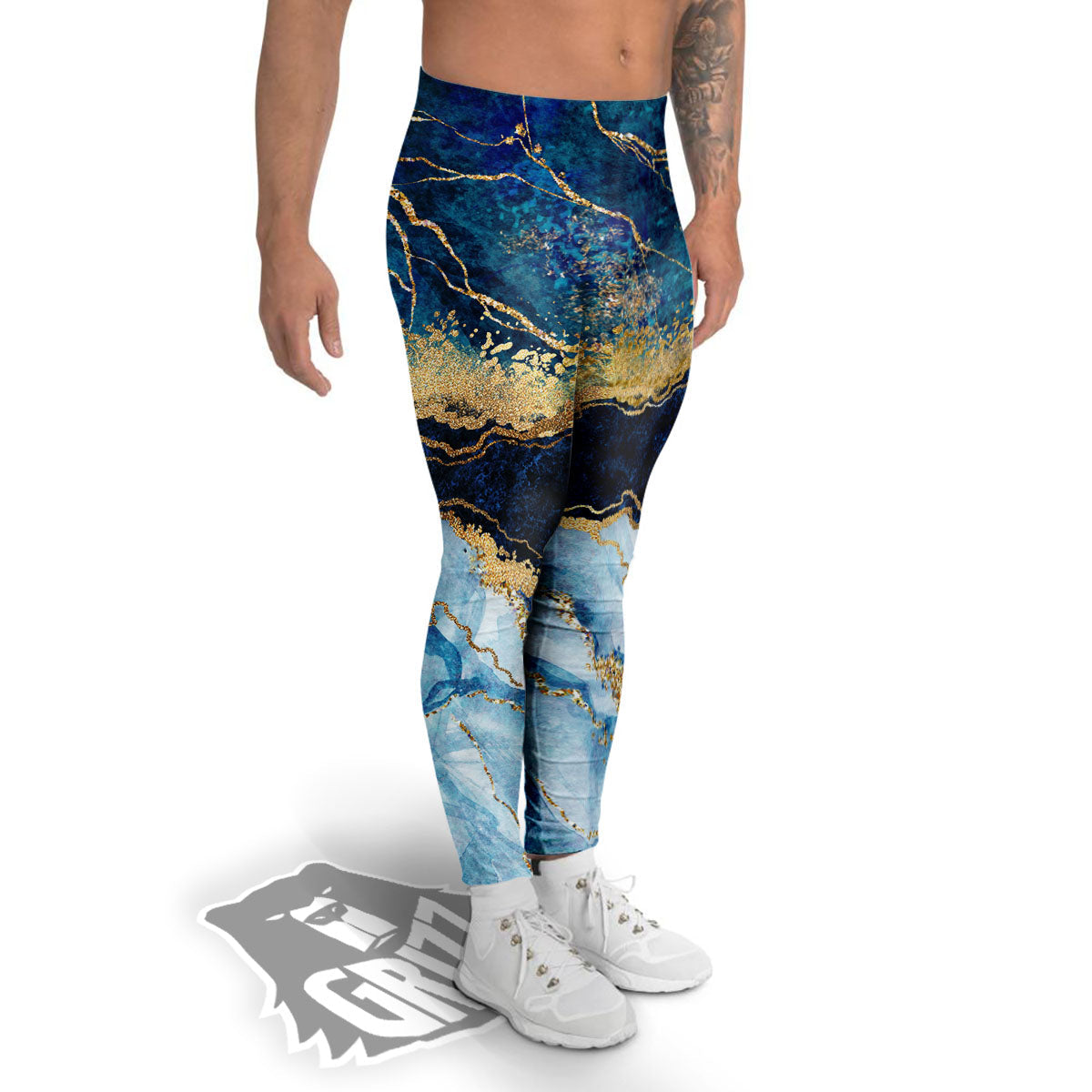 Blue And Gold Marble Print Men's Leggings-grizzshop