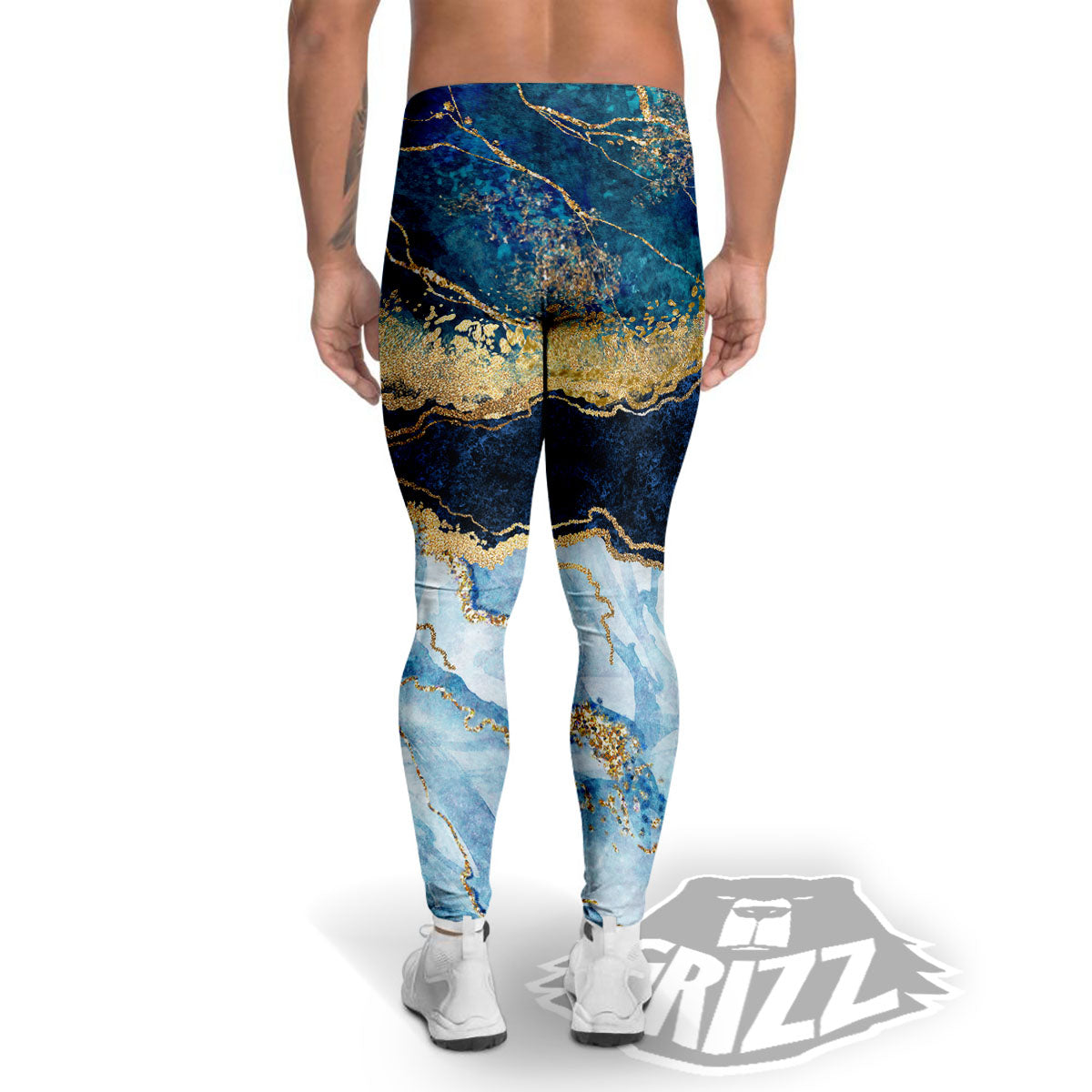 Blue And Gold Marble Print Men's Leggings-grizzshop