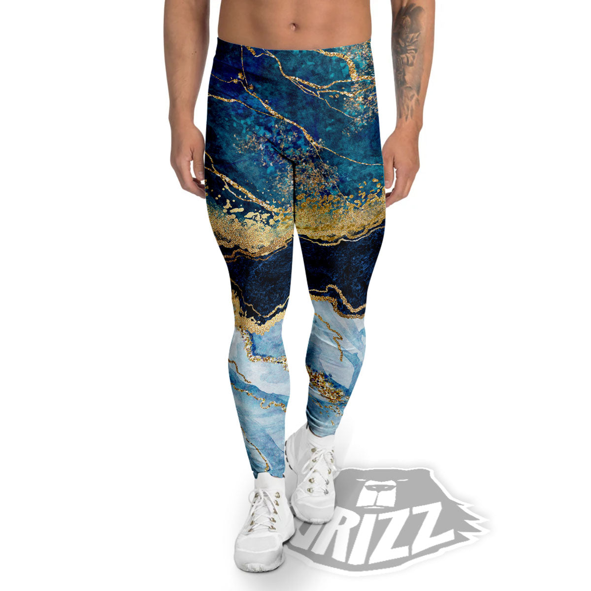 Blue And Gold Marble Print Men's Leggings-grizzshop