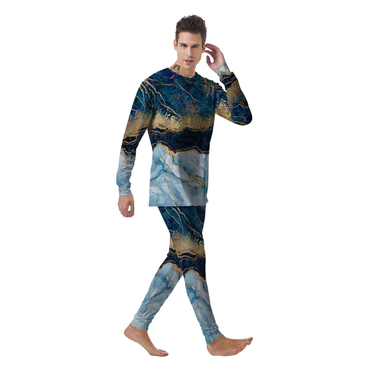 Blue And Gold Marble Print Men's Pajamas-grizzshop