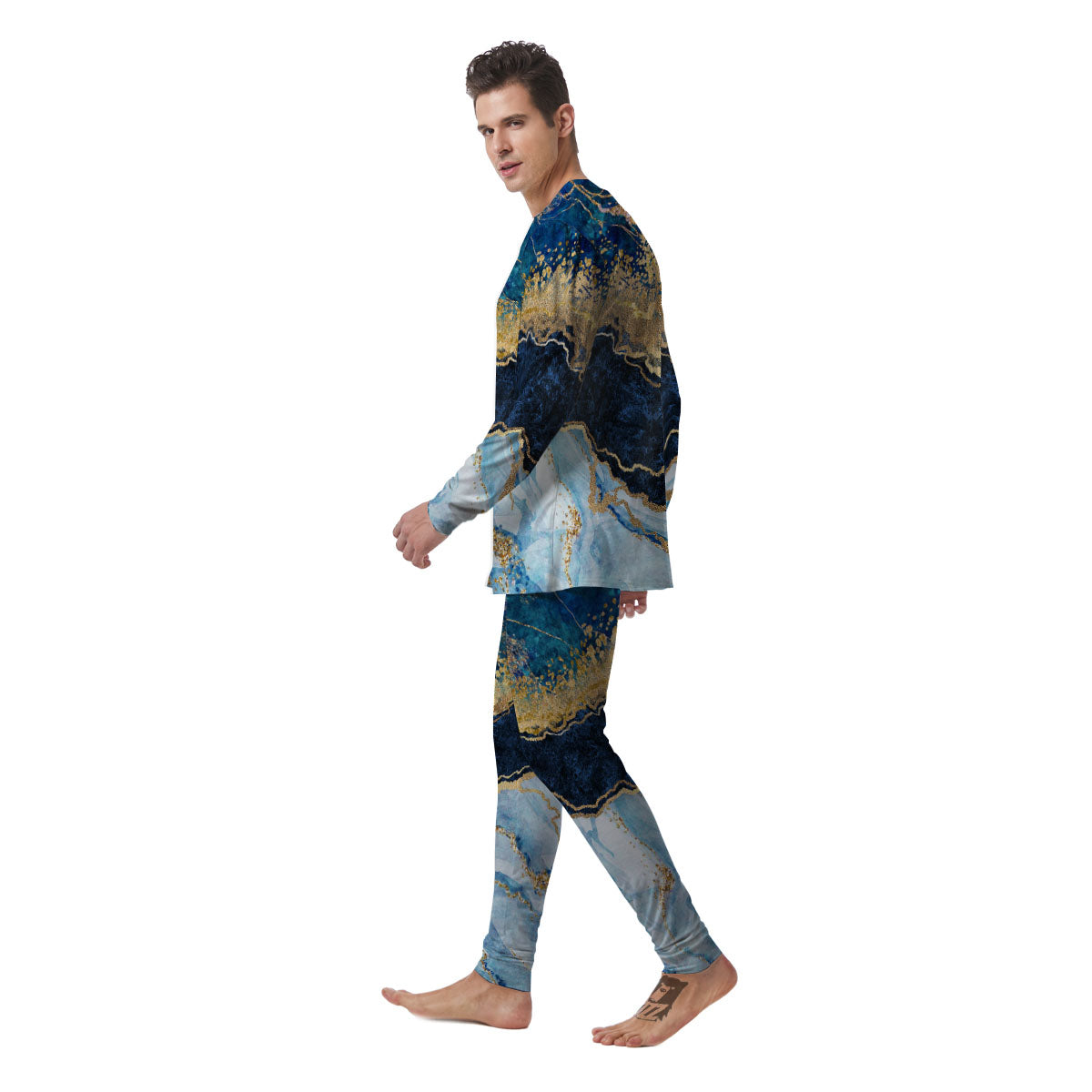 Blue And Gold Marble Print Men's Pajamas-grizzshop