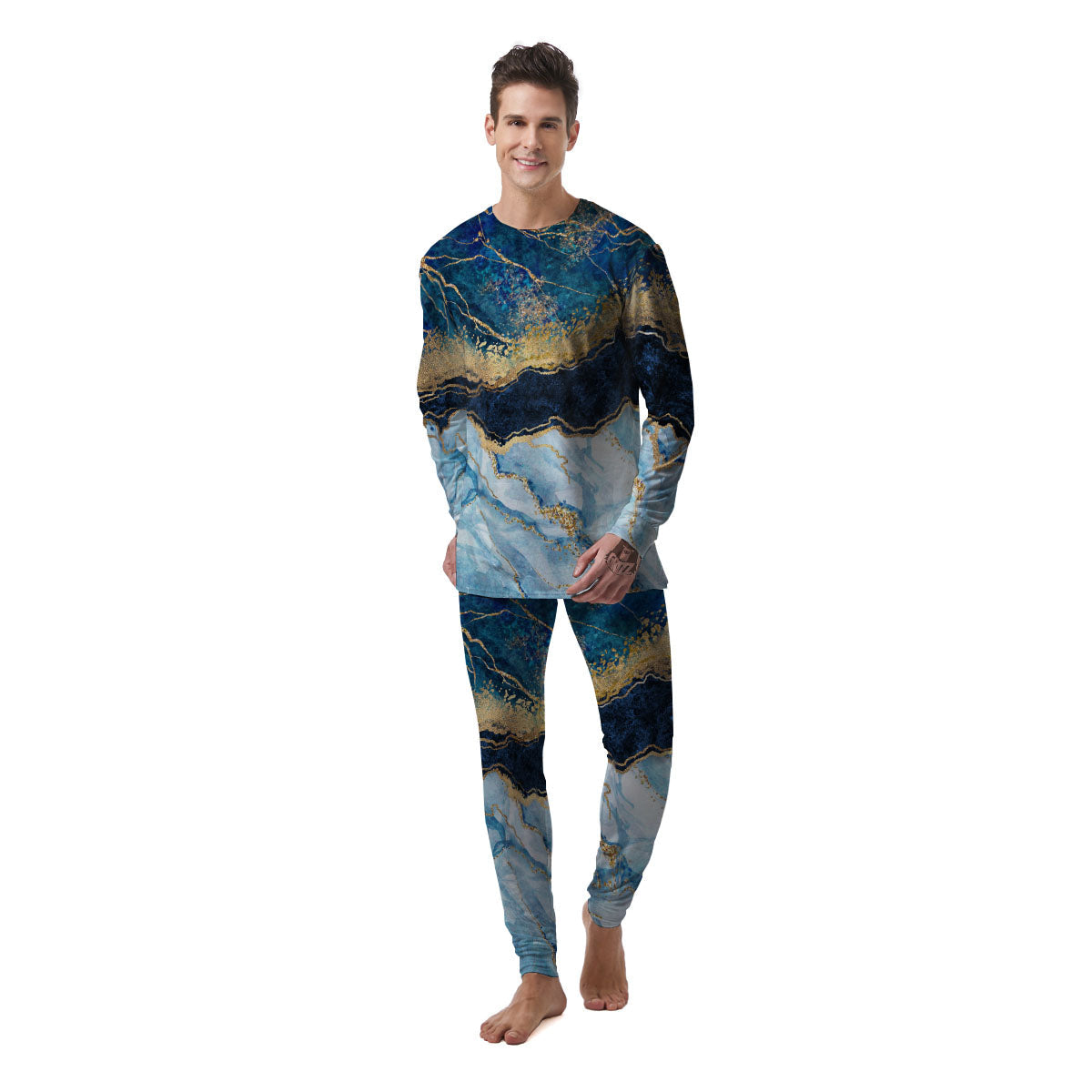 Blue And Gold Marble Print Men's Pajamas-grizzshop