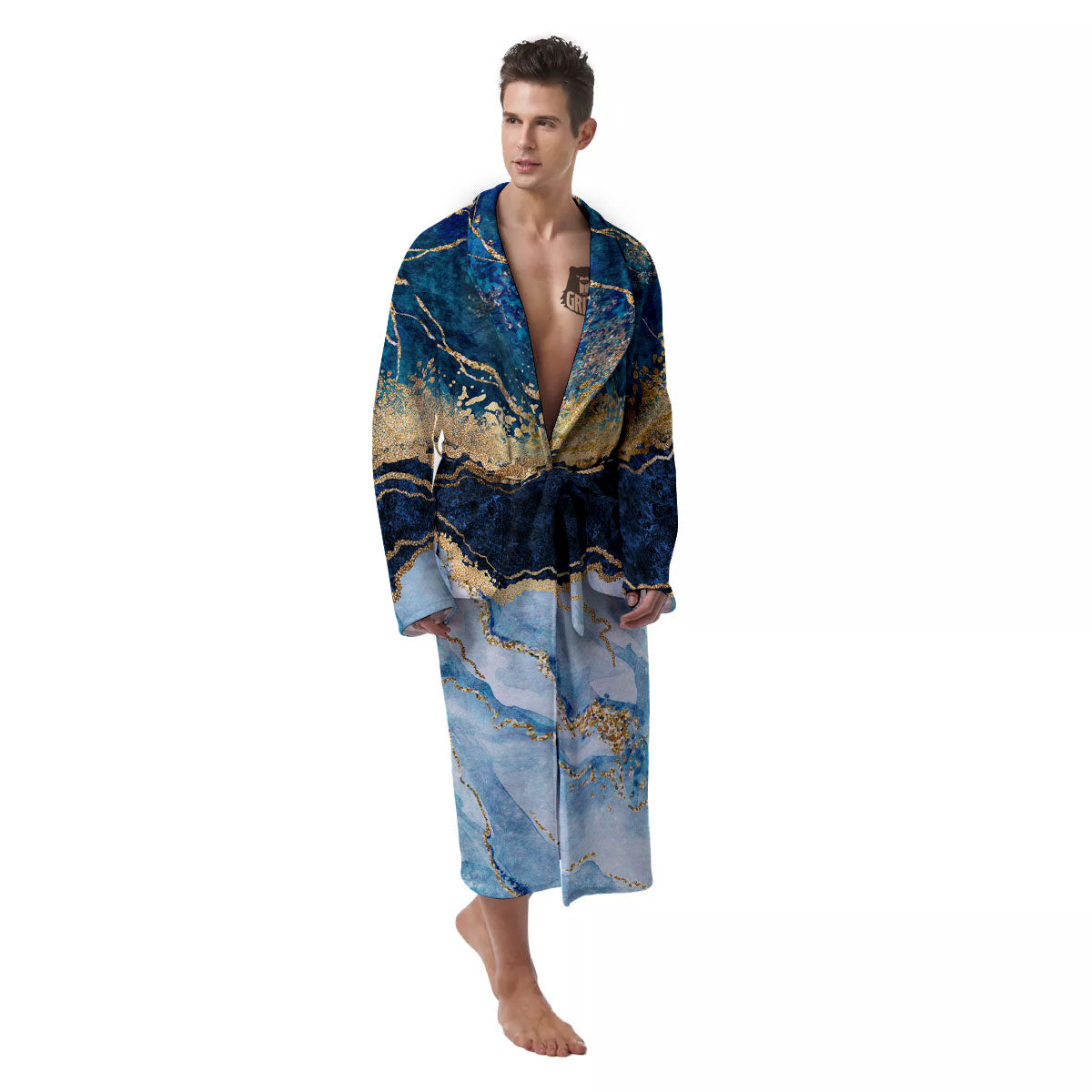 Blue And Gold Marble Print Men's Robe-grizzshop