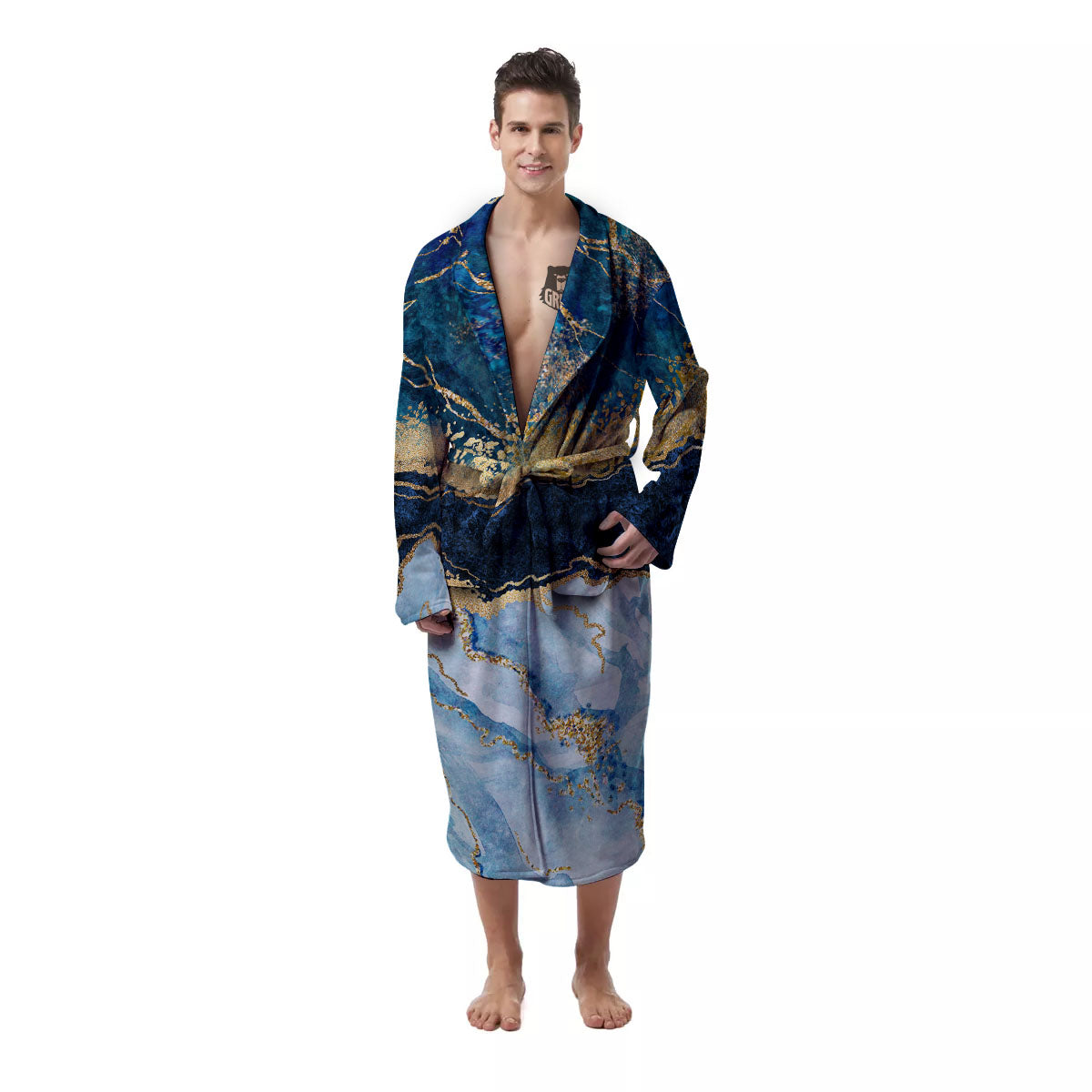 Blue And Gold Marble Print Men's Robe-grizzshop